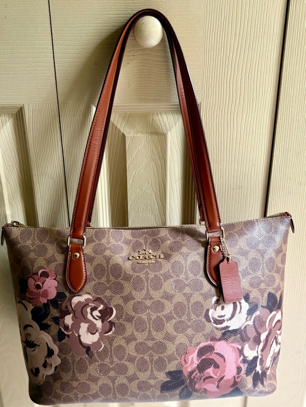 Coach Floral Signature Gallery Tote Bag in Brown and Pink